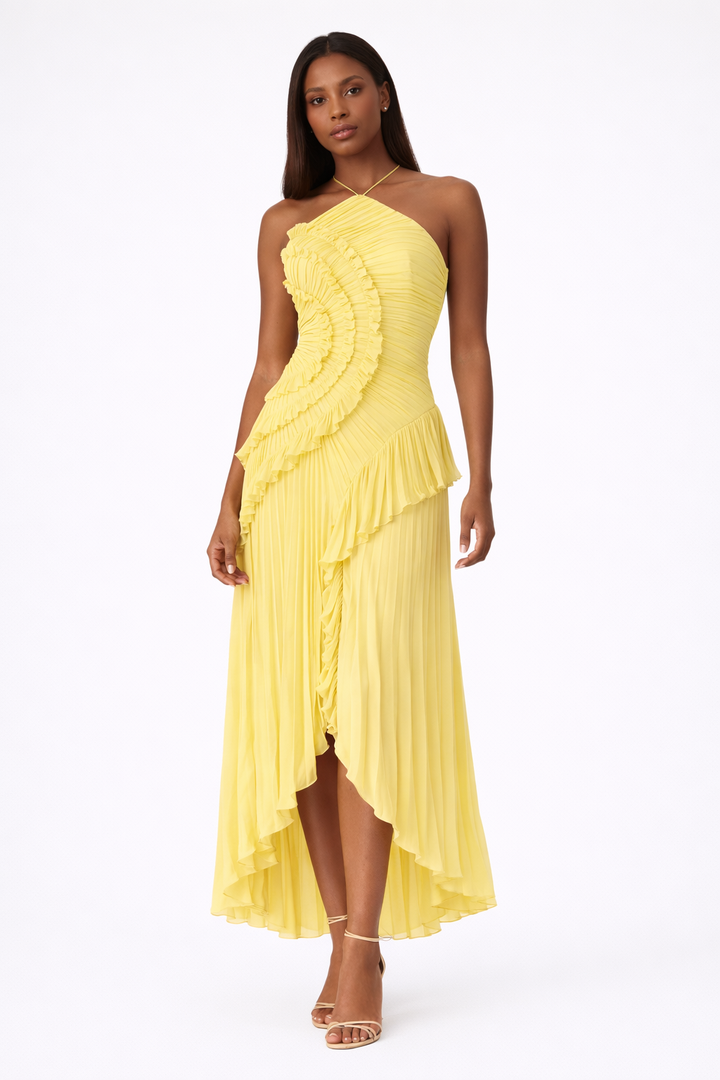 Flowy women's summer maxi dress with beautiful ruffles & halter neck. Elegant and comfortable for any special occasion.