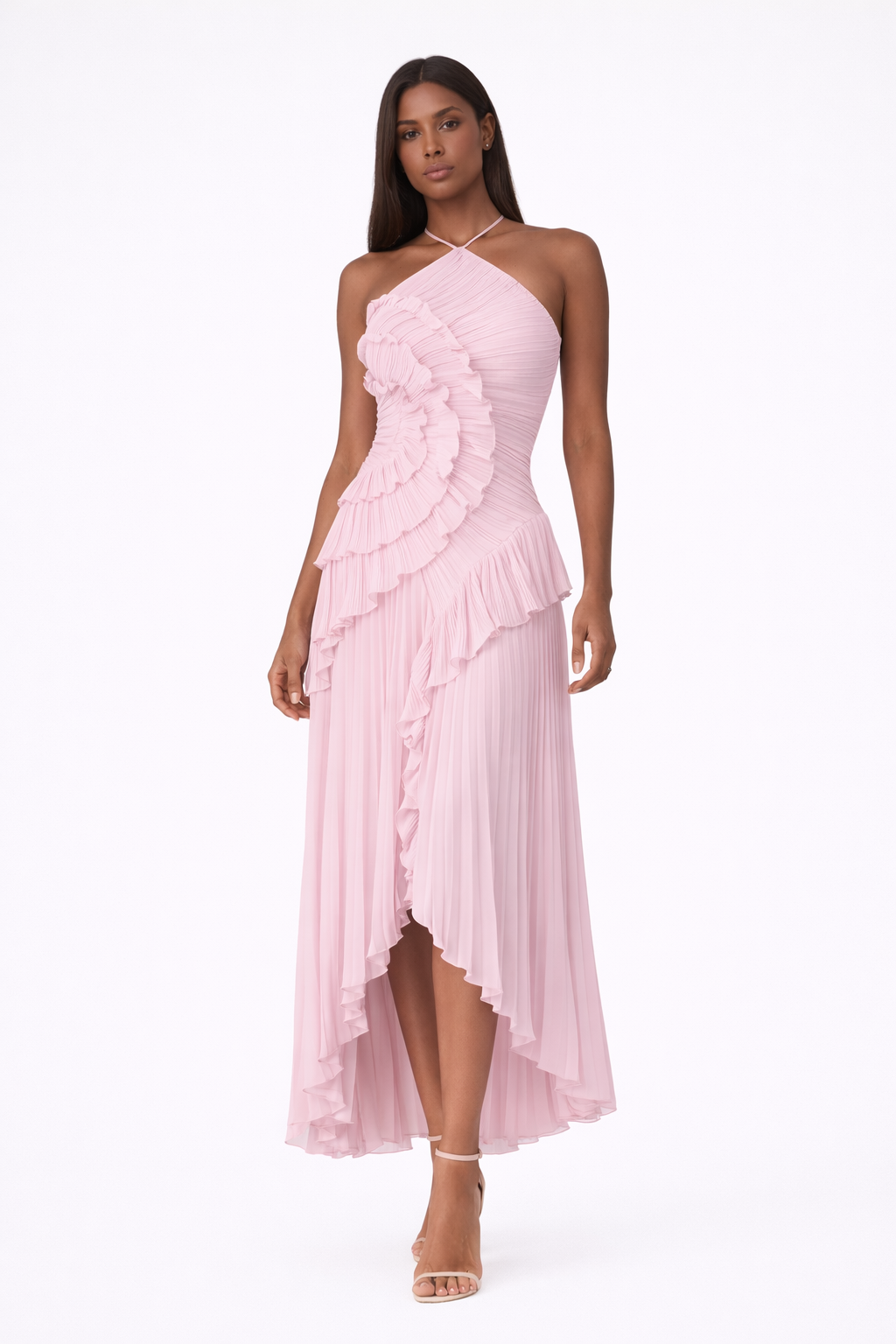 Elegant women's ruffle maxi dress with halter neck, perfect for summer events & parties. Flowy, chic design.