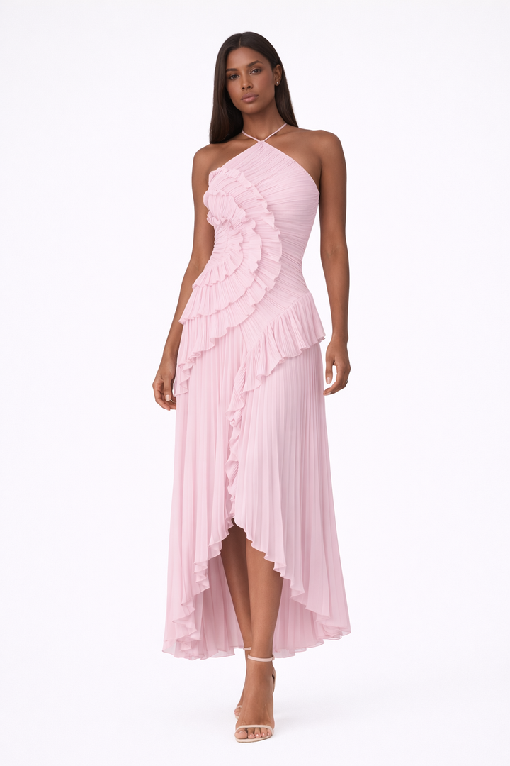 Elegant women's ruffle maxi dress with halter neck, perfect for summer events & parties. Flowy, chic design.