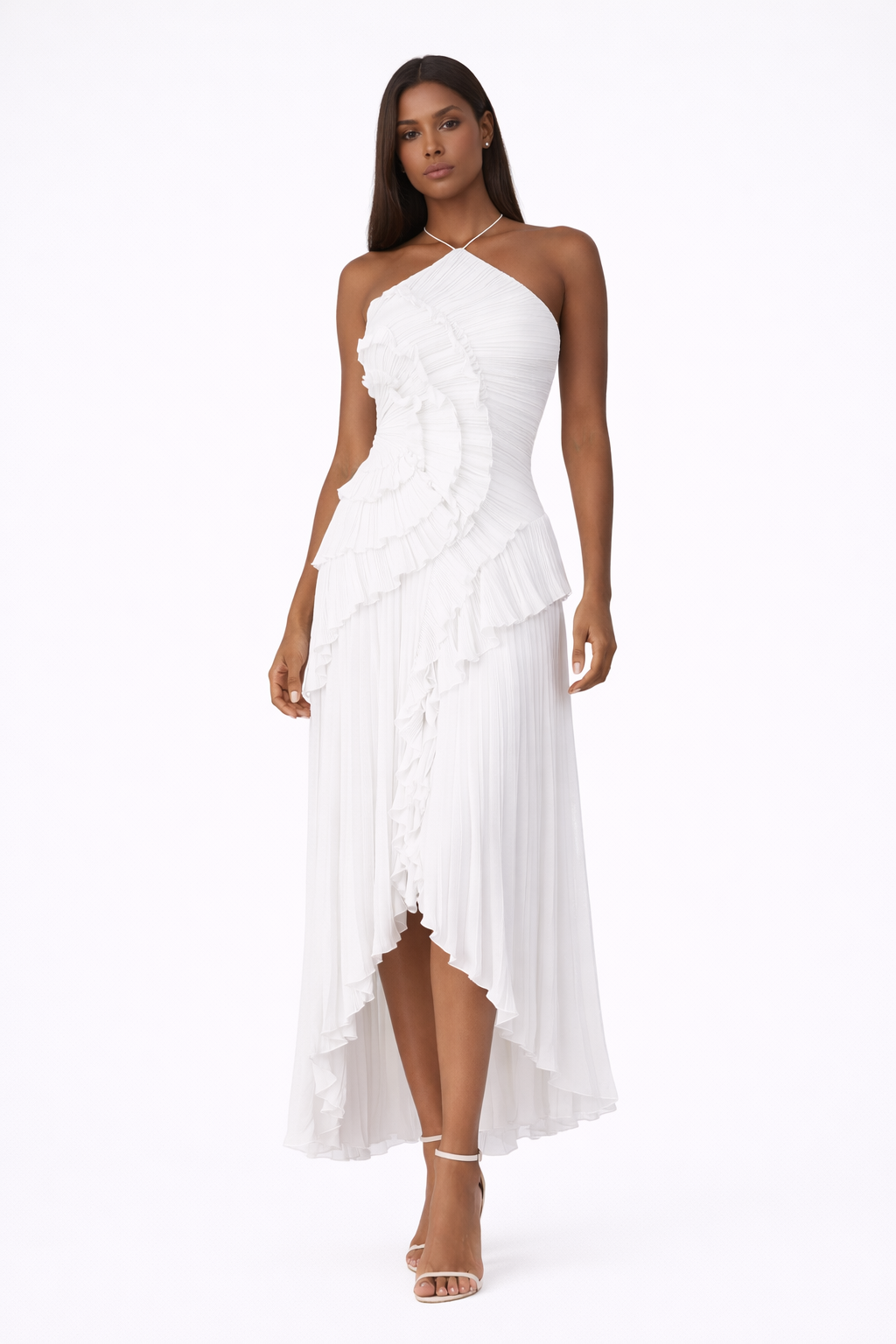 Chic sleeveless maxi dress for women, featuring elegant ruffles & halter neck. Ideal for summer parties & events.