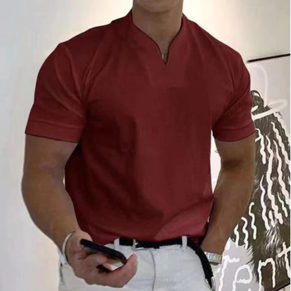 Short sleeve men's t-shirt, band collar. Solid color with a stylish chest pocket for everyday fashion.