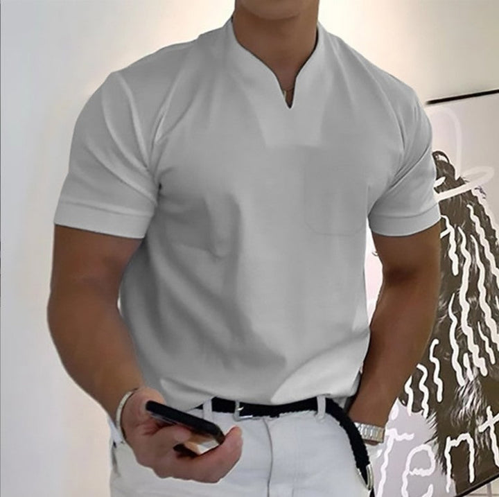 Solid color men's t-shirt, band collar & chest pocket. Everyday casual wear.