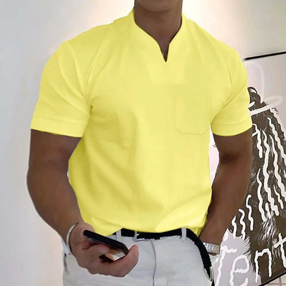 Fashionable men's band collar t-shirt. Short sleeve, solid color, chest pocket.