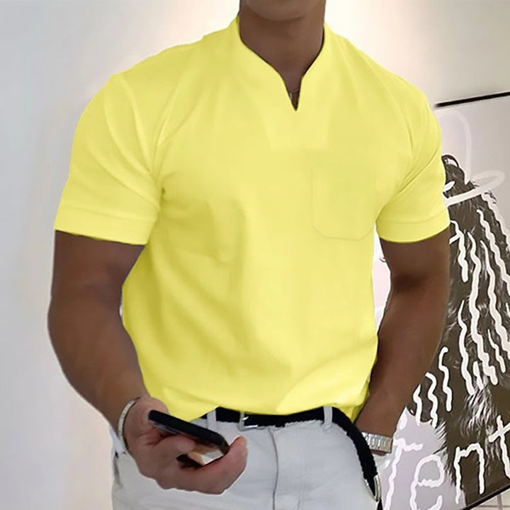 Fashionable men's band collar t-shirt. Short sleeve, solid color, chest pocket.