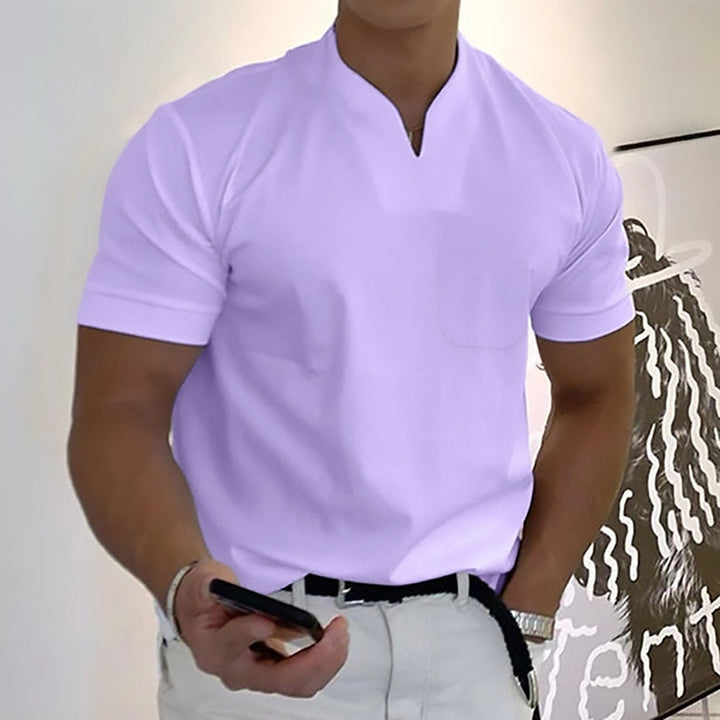 Men's versatile band collar pocket tee. Ideal for modern casual outfits.