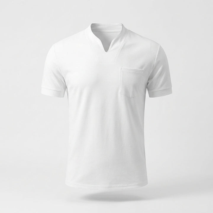 Men's band collar t-shirt, short sleeve with chest pocket. Casual modern men's fashion.