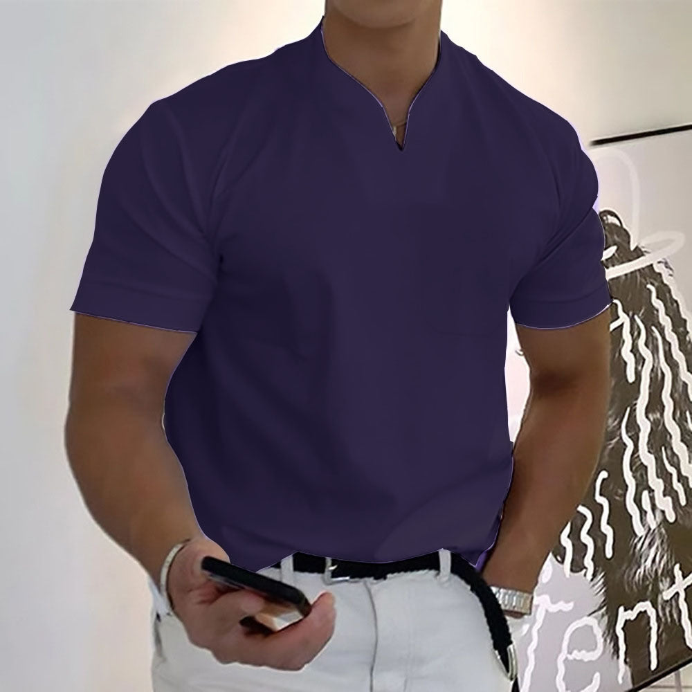 Men's modern t-shirt. Band collar & chest pocket detail. Perfect for casual summer style.