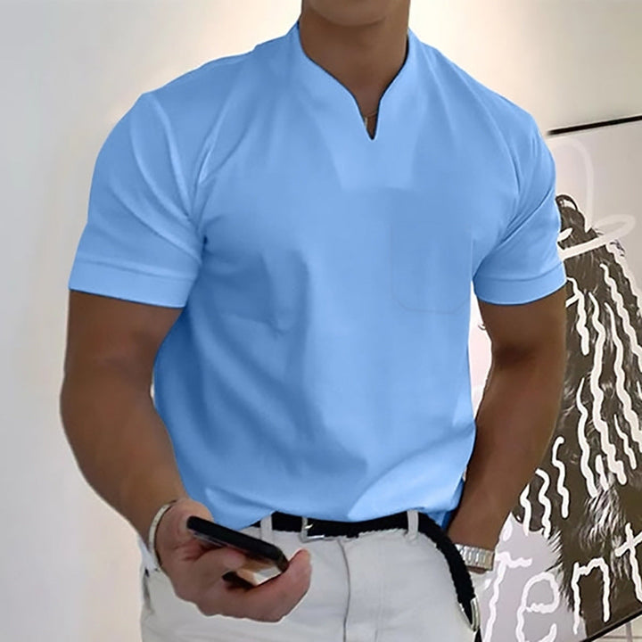 Men's summer top: band collar t-shirt with functional chest pocket. Solid & casual.