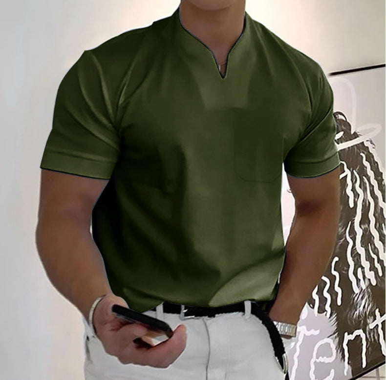 Casual men's pocket tee. Modern band collar, short sleeve. Versatile everyday wear.