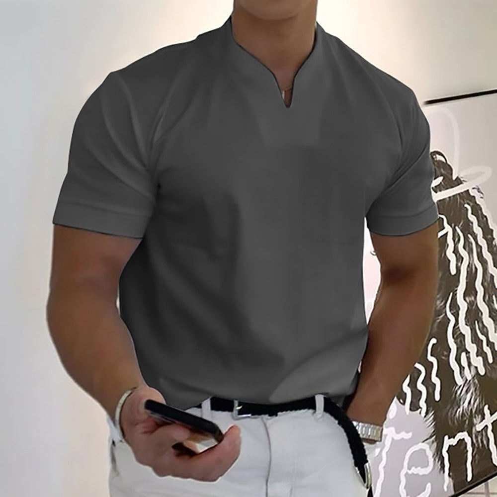 Contemporary men's t-shirt, short sleeve with band collar & front pocket.