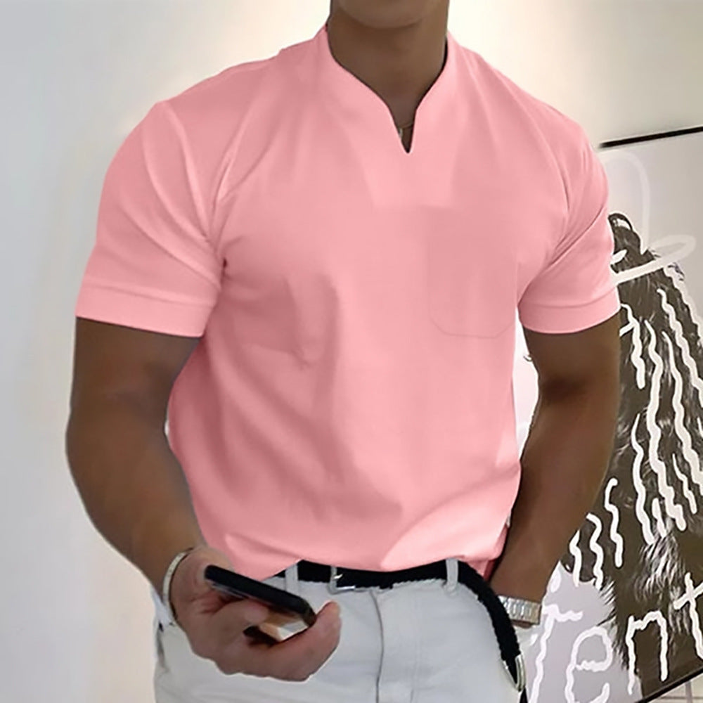 Stylish men's t-shirt featuring a band collar and subtle chest pocket detail.