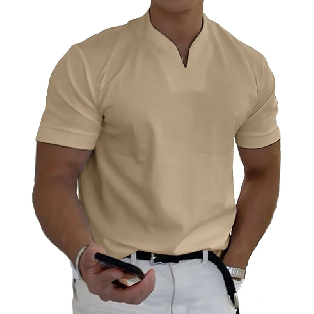 Everyday men's short sleeve t-shirt. Band collar design, comfortable solid color.