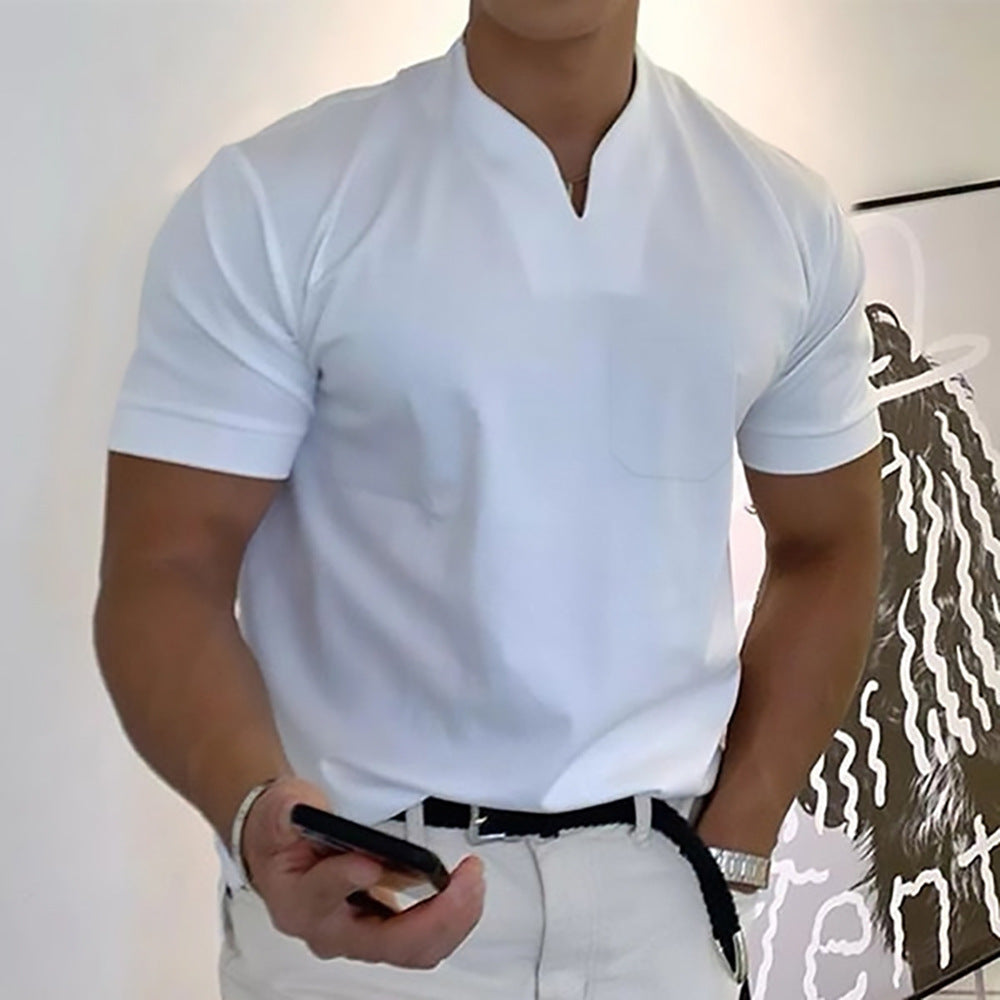 Versatile men's pocket tee with stylish band collar. Perfect summer top.