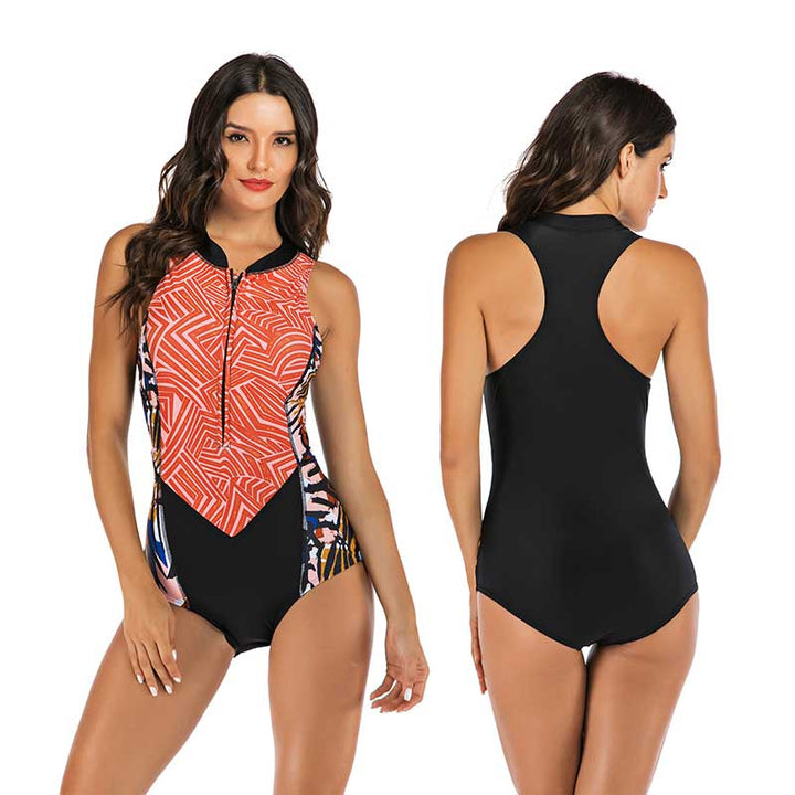 Women's vibrant one-piece sports swimsuit with dynamic design, perfect for athletic pool & beach wear.