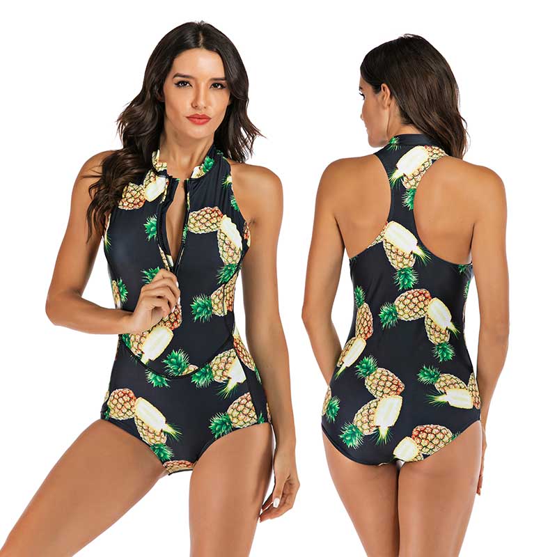 Summer women's one-piece sports swimsuit, vibrant dynamic design. Athletic quick-dry beachwear for pool & active.