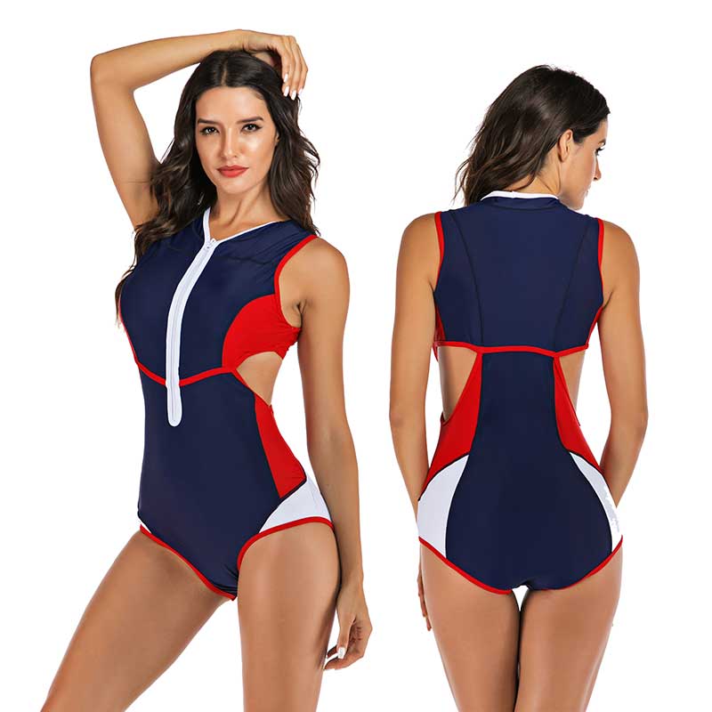 Women's one-piece sports swimsuit with front zipper & vibrant dynamic design, quick dry for pool & beach.