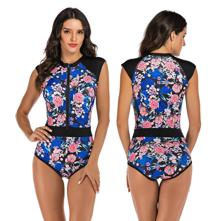 Vibrant one-piece women's athletic swimsuit with dynamic pattern. Quick-dry activewear for pool & beach.