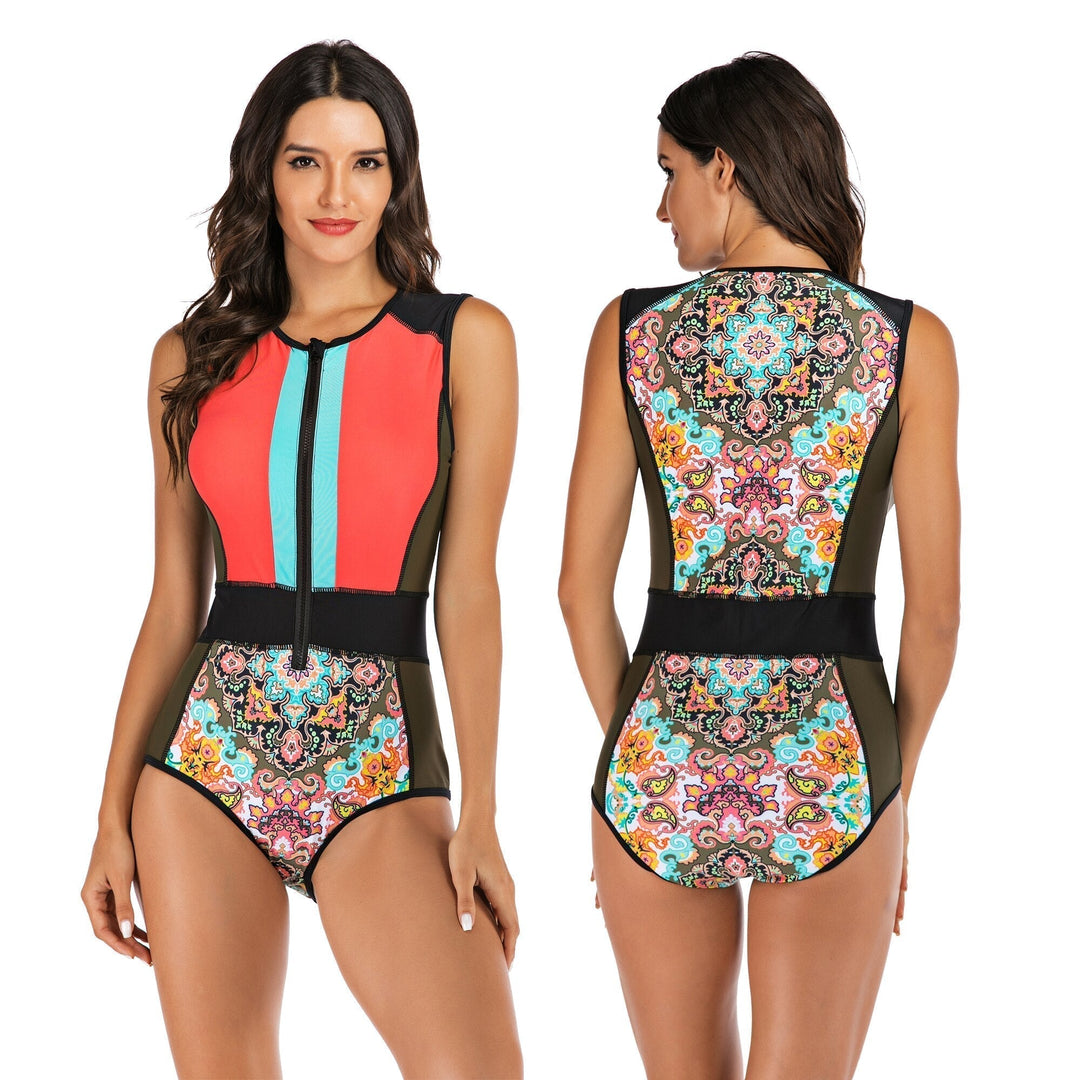 Women's quick-dry one-piece sports swimsuit, vibrant dynamic design. Ideal athletic beachwear & pool activewear.