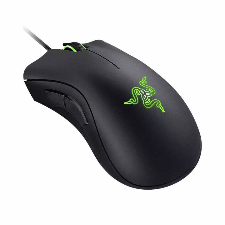 "Jet Black ergonomic optical gaming mouse with contoured design, precision 6,400 DPI sensor, and responsive buttons for gamer