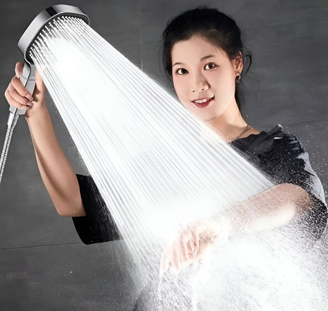 Jet black high-pressure shower head with filter & turbo boost technology for a home spa experience. Easy install bathroom fixture.