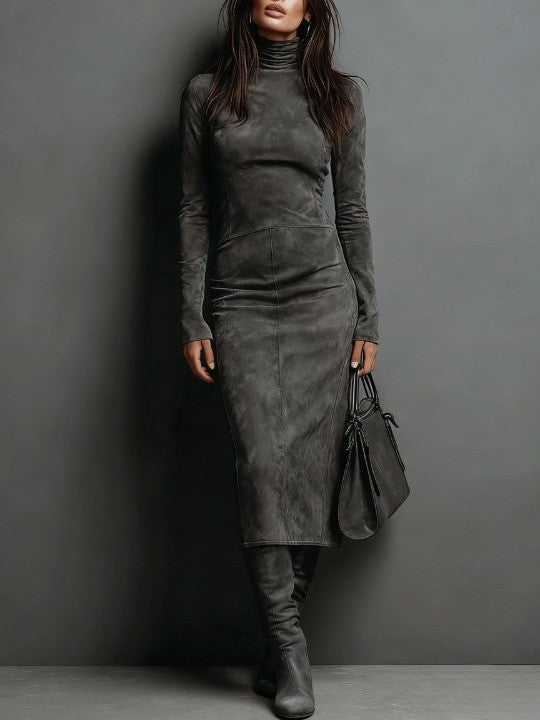 Women's sophisticated midi dress with a high-neck, ideal for modern office wear or elegant parties.