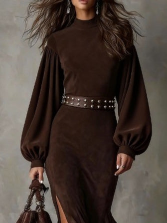 Chic women's vintage midi dress with stylish lantern sleeves. Ideal elegant occasion wear for classic autumn fashion.