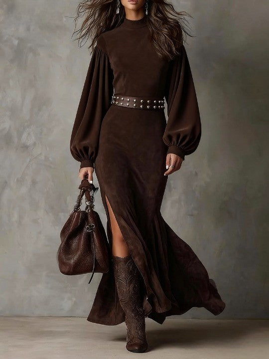 Women's vintage lantern-sleeve midi dress in elegant style, perfect for autumn & winter occasions. Classic chic fashion.
