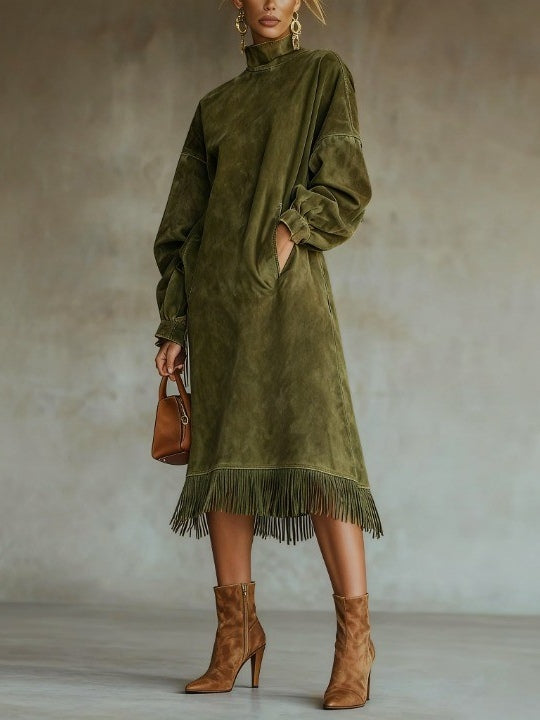 Elegant women's fringe midi dress for evening wear & special occasions. Sophisticated modern style.