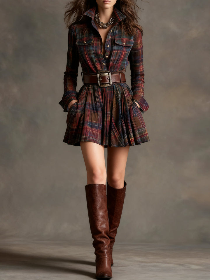 Elegant women's plaid mini dress with long sleeves, A-line style. Perfect for fall & winter fashion.