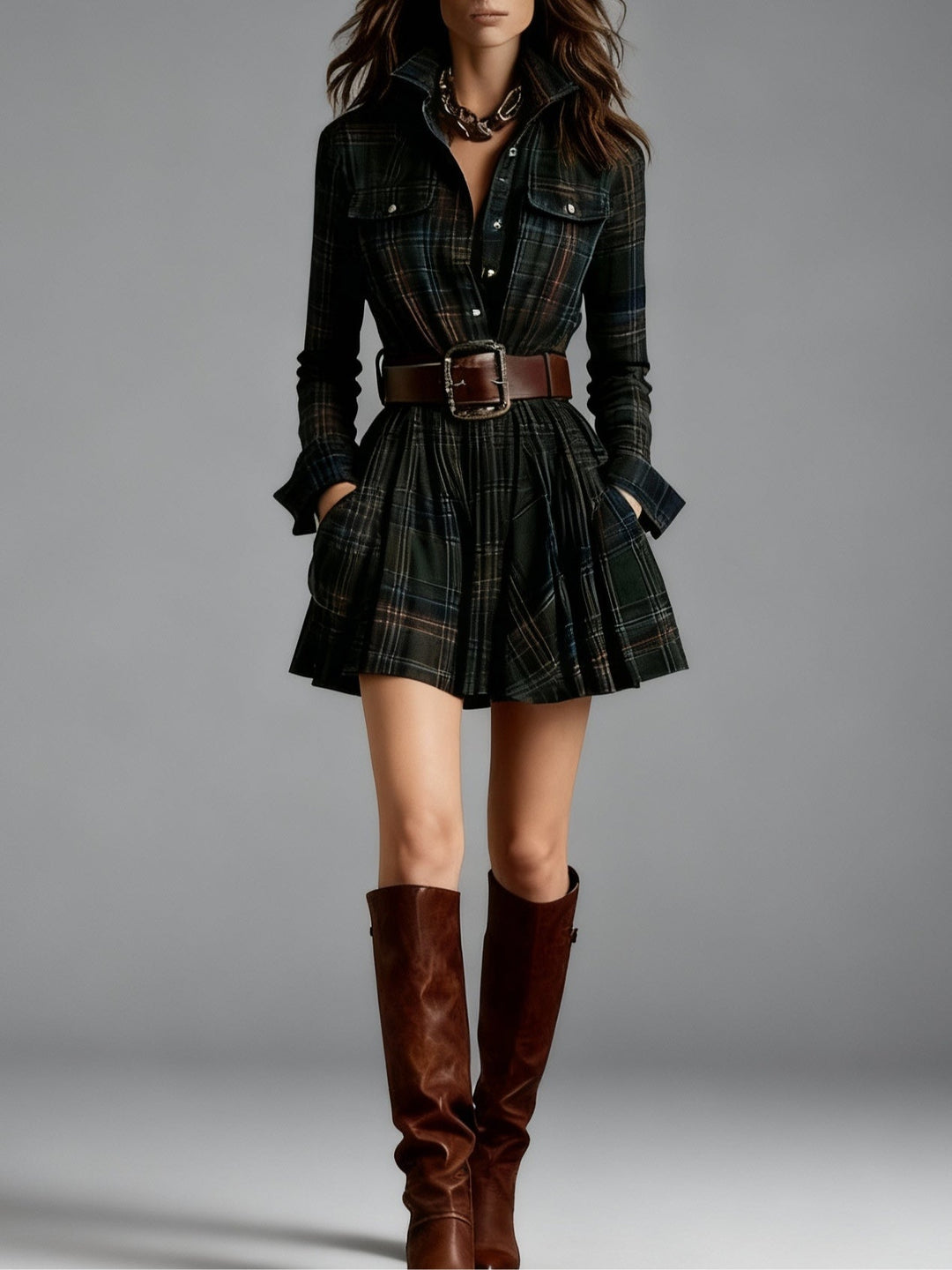 Sophisticated checkered print women's mini dress, A-line cut with long sleeves and belt detail.