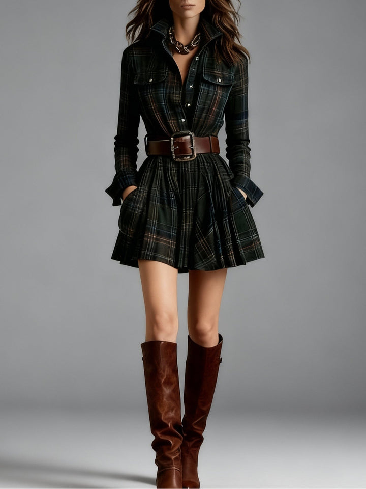 Sophisticated checkered print women's mini dress, A-line cut with long sleeves and belt detail.