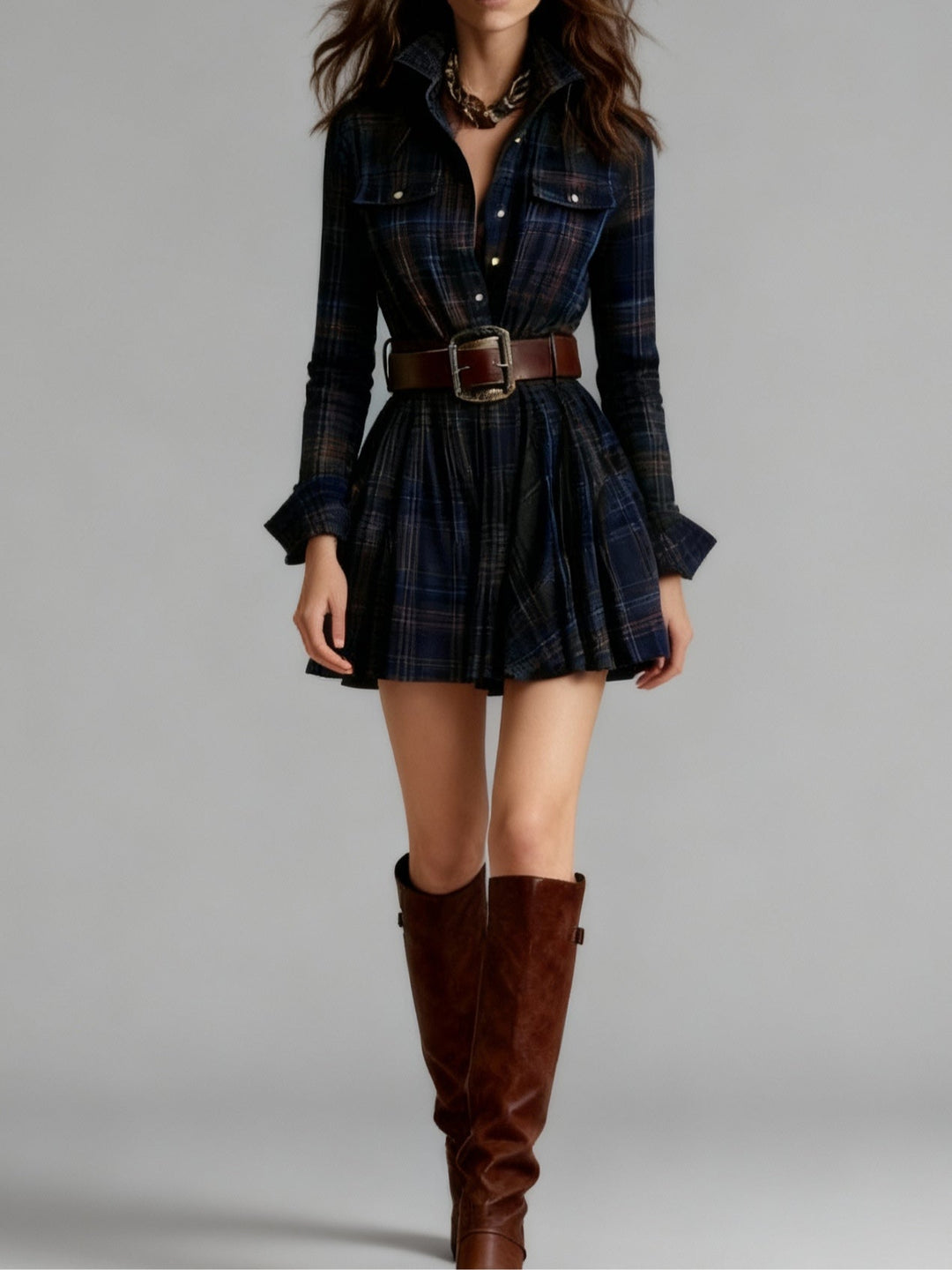 Chic women's long sleeve plaid mini dress, ideal for versatile everyday wear or fall occasions.