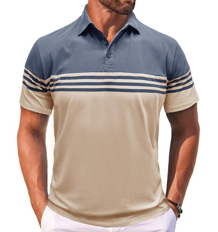 Men's stylish color block short sleeve polo shirt, regular fit. Perfect casual summer top for men's fashion.