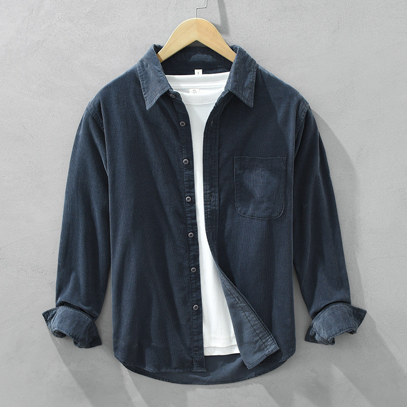 Back view of men's retro style long sleeve button-down shirt, showcasing comfortable and elegant design. Versatile men's top.