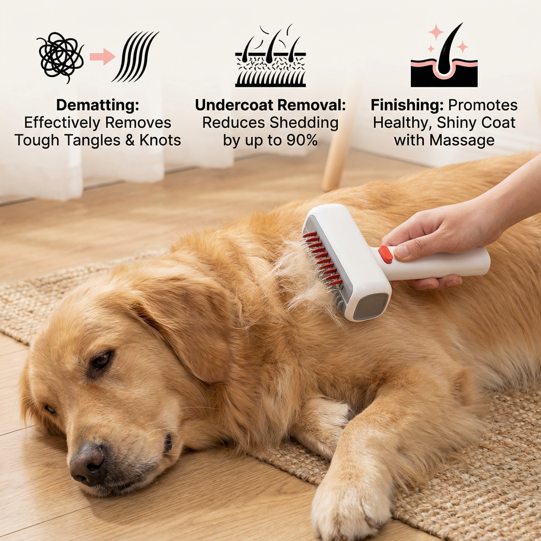 Effective pet grooming brush with dematting comb & undercoat rake. Ideal for long & short hair dogs & cats.