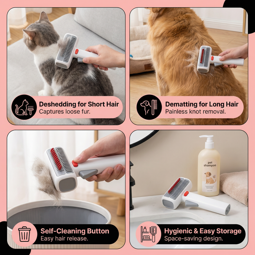 Professional 2-in-1 pet grooming tool for dematting & undercoat removal. Works on long & short pet hair.