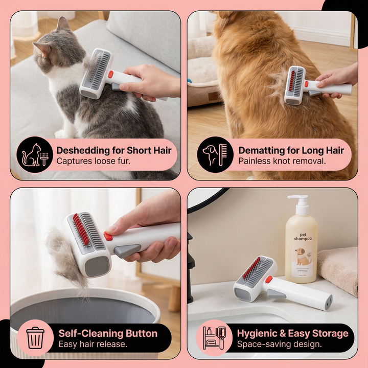 Professional 2-in-1 pet grooming tool for dematting & undercoat removal. Works on long & short pet hair.