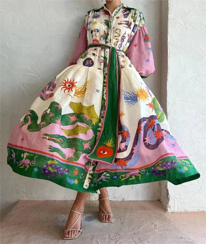Flowy patterned women's elegant volume maxi dress, perfect chic attire for summer occasions and versatile styling.