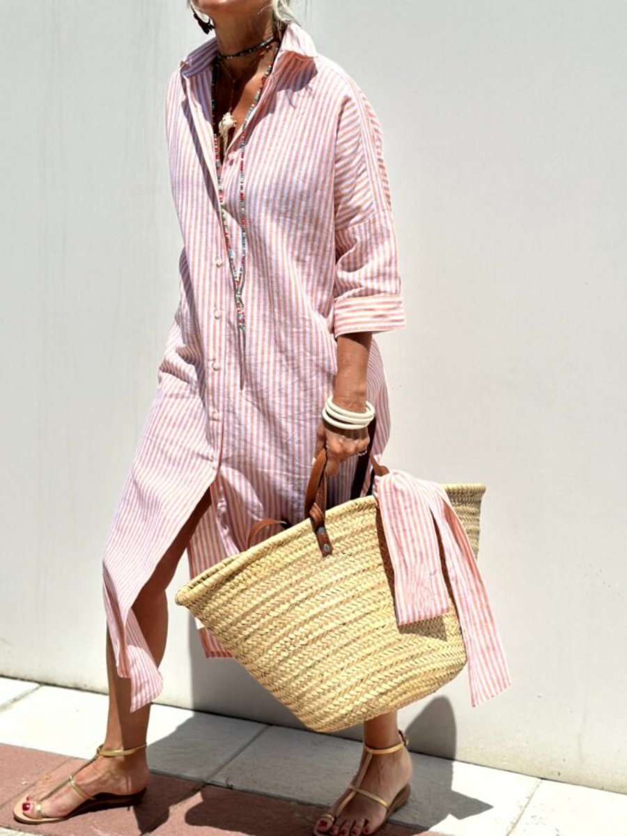 Women's chic striped midi shirt dress. Effortlessly elegant, versatile for spring & summer casual or dressed-up looks.
