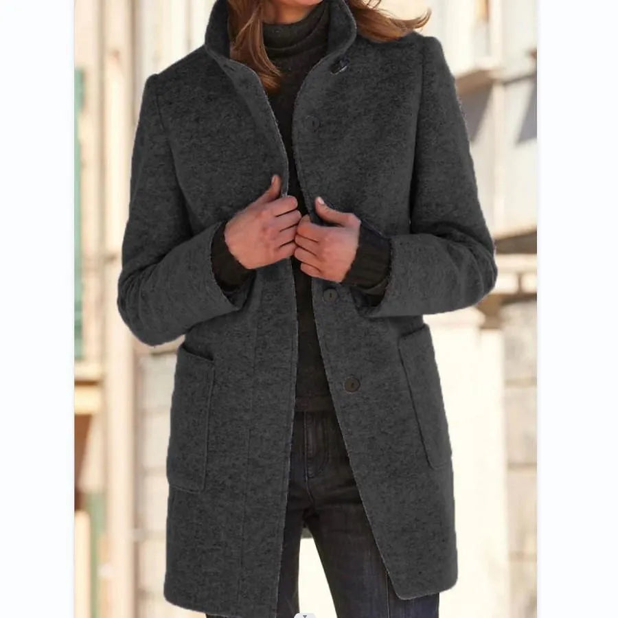 Comfortable women's long coat, ideal for all-season wear. Smart casual outerwear with an elegant, classic fit.