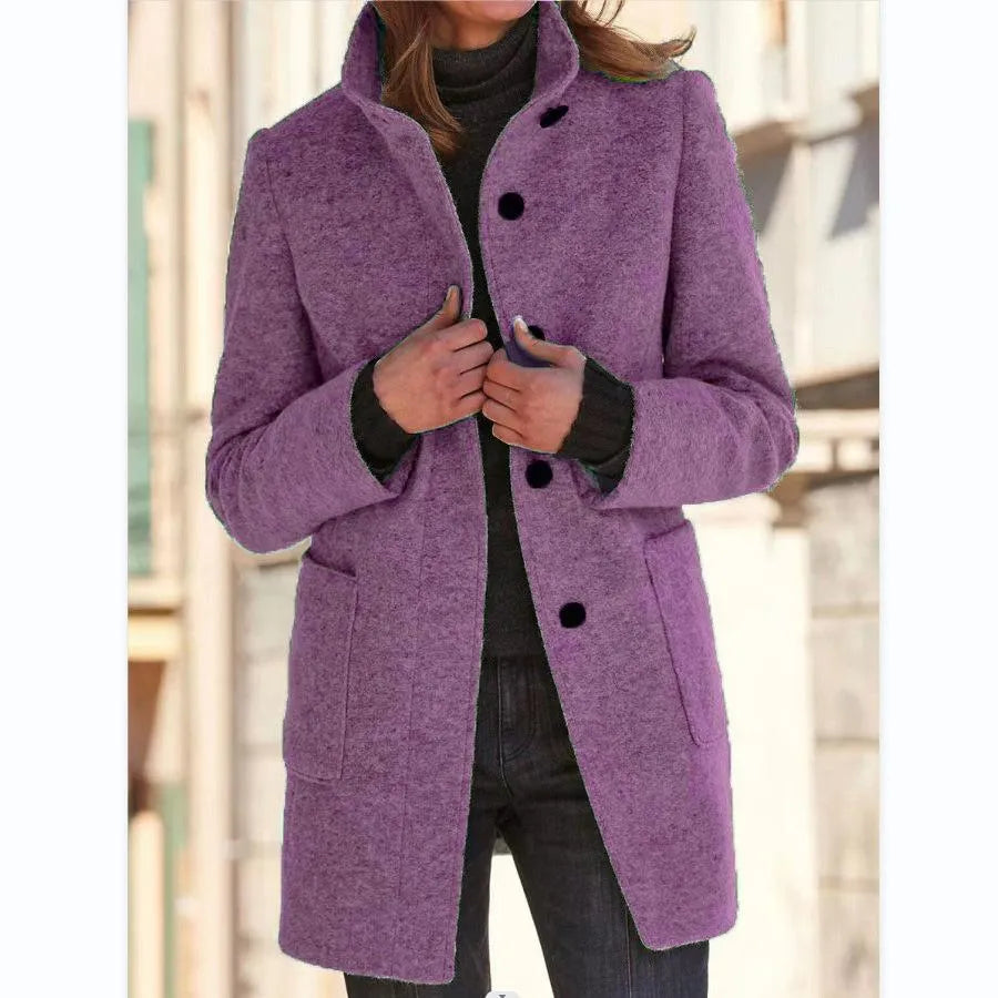 Fashionable women's elegant long coat, versatile outerwear for smart casual or classic winter style.