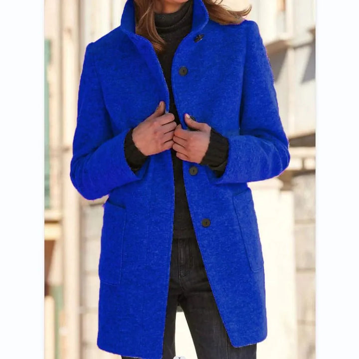 Elegant women's long winter coat with classic style, versatile for smart casual fashion and comfortable wear.