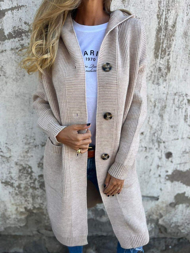 Elegant women's longline hooded cardigan in soft knit, perfect for stylish layering & fall fashion.