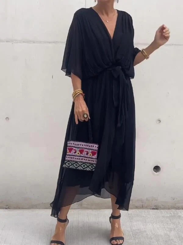 Comfortable women's V-neck midi dress, perfect for daily wear with a flattering fit and chic design.