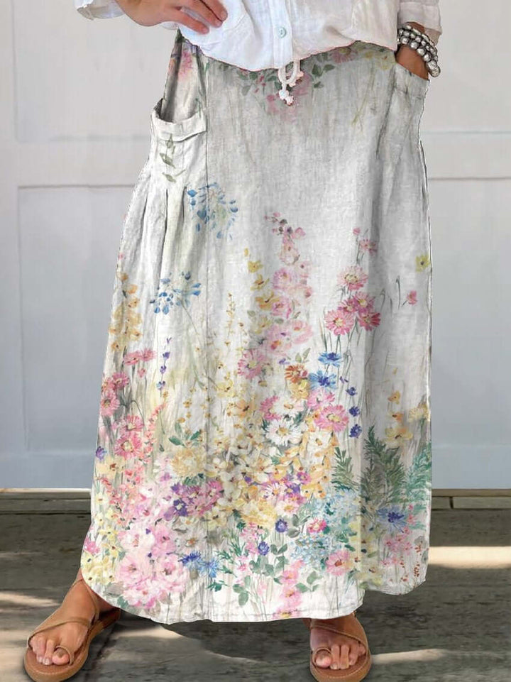 Elegant women's retro floral print midi skirt. Features elastic waist for a comfortable, stylish fit.
