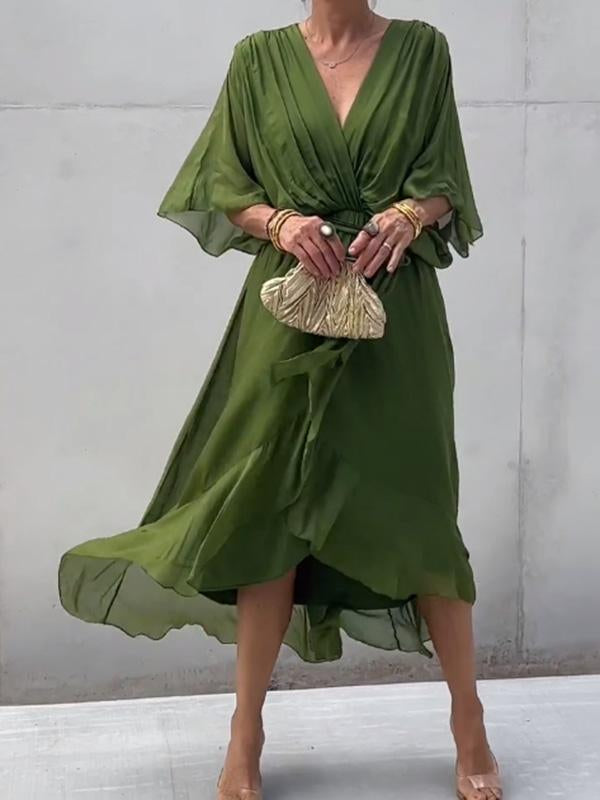 Elegant women's V-neck midi dress, a classic choice for parties, office, or daily wear fashion.