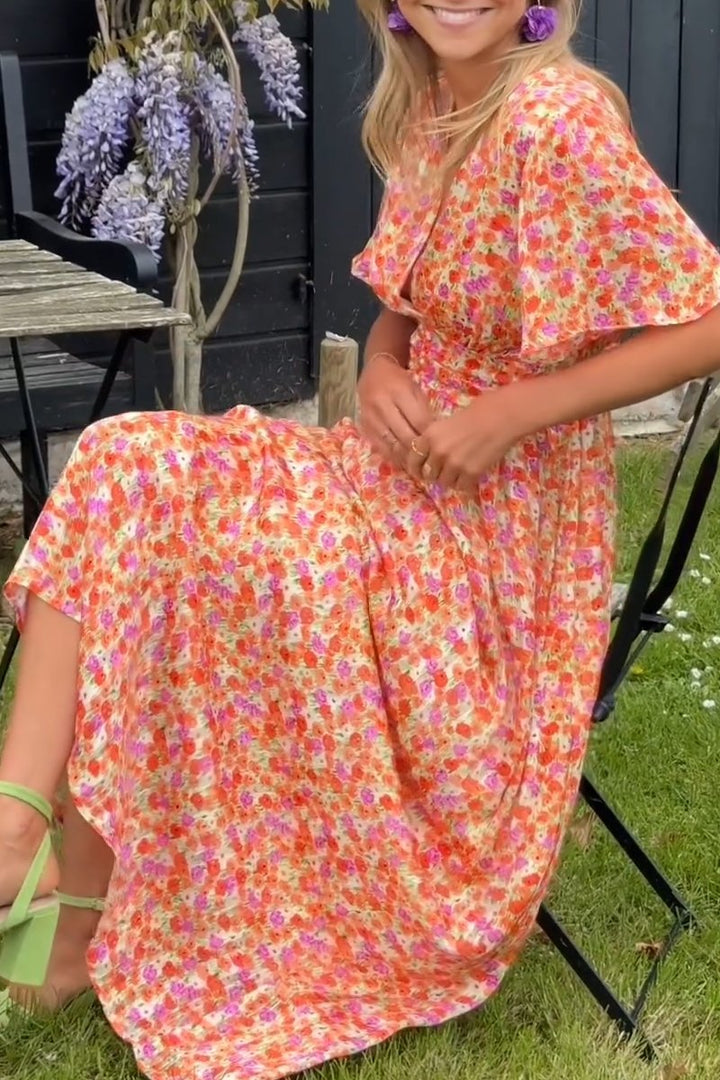 Comfortable women's floral V-neck maxi dress, great for elegant summer garden parties or casual day wear.