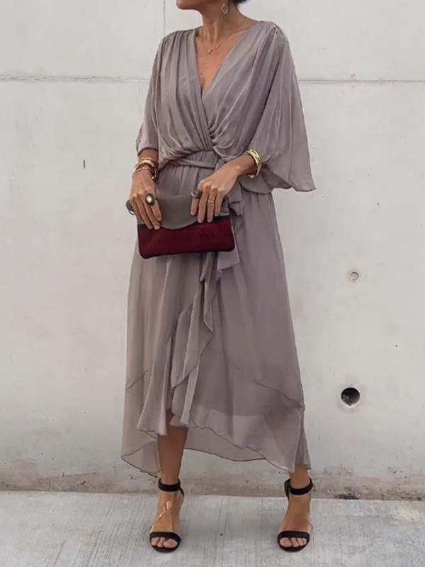 Classic elegant V-neck midi dress for women, ideal for party wear & sophisticated style.