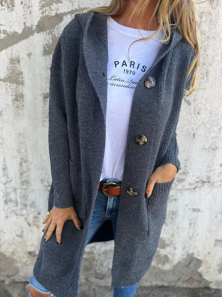 Chic women's elegant long hooded cardigan, a versatile fall fashion outerwear for cozy, stylish layering.