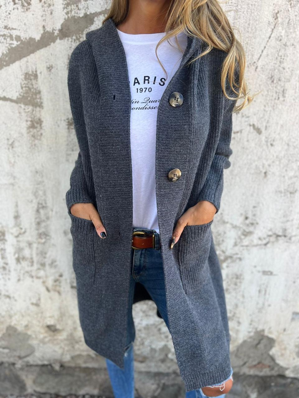 Versatile women's long hooded cardigan for casual or elegant layering; a chic fall & winter essential.